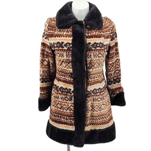 Vintage 1960s Brown Faux Fir Trim Carpet Bohemian Tapestry Coat, Women's Small - Picture 10 of 10